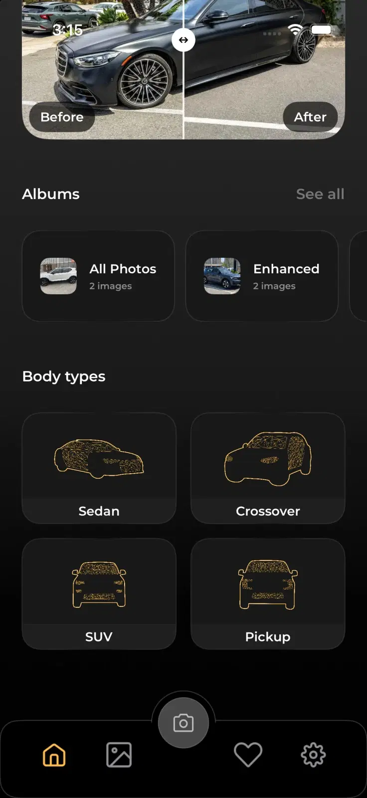 CarShot body type choices for Sedan, Crossover, SUV, and Pickup