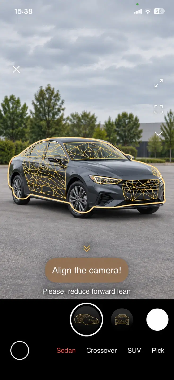 CarShot camera guidance asking the photographer to reduce forward lean