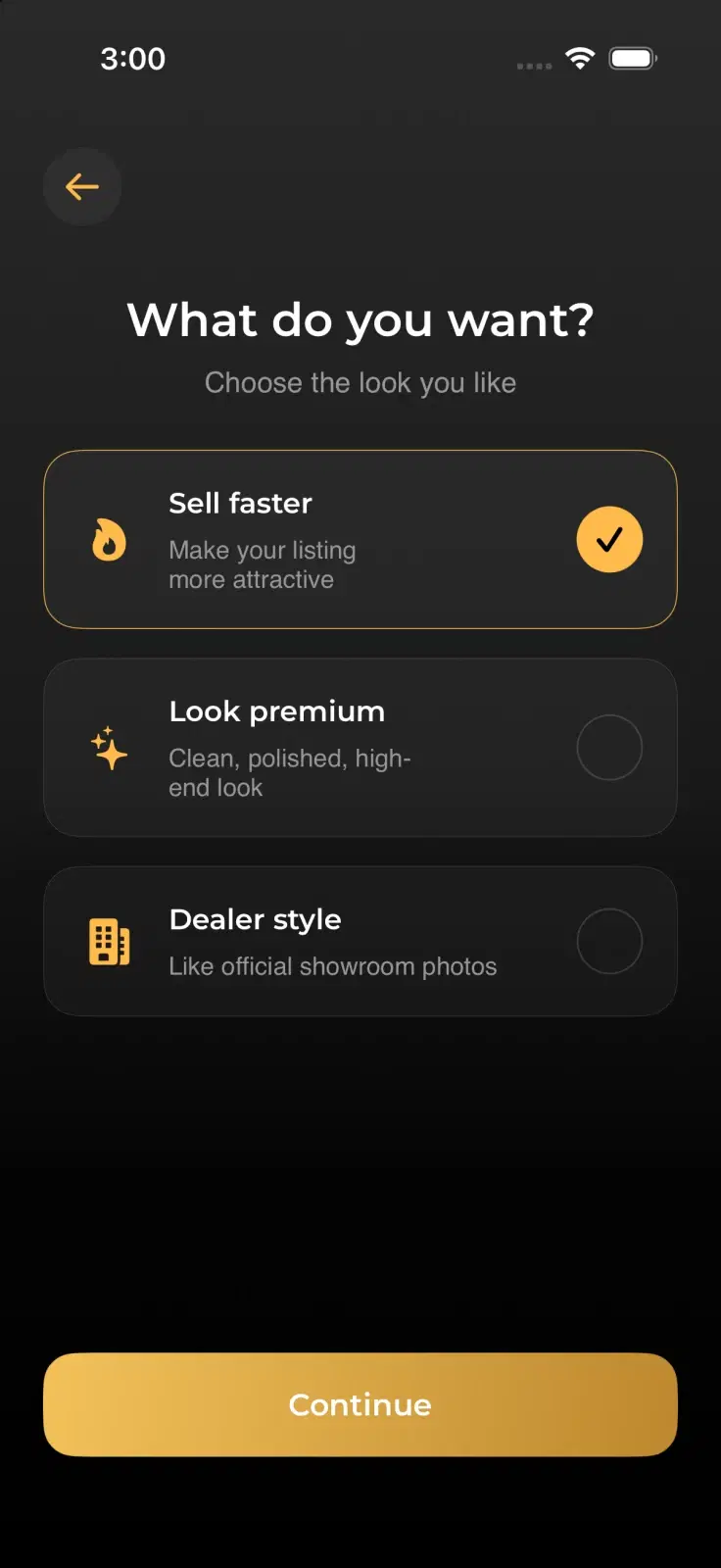 CarShot screen for choosing Sell Faster, Look Premium, or Dealer Style enhancement