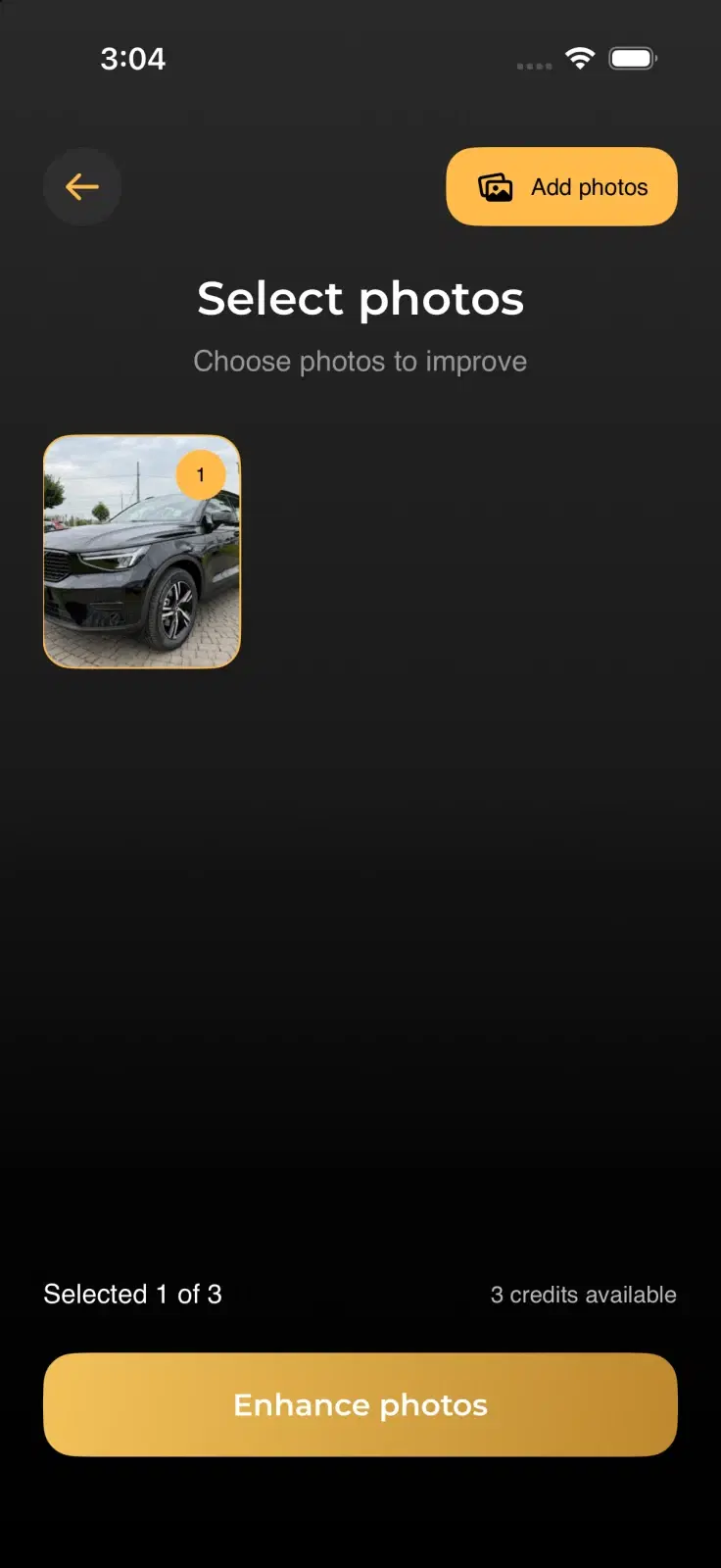 CarShot photo selection screen with one sample vehicle selected and credit balance visible